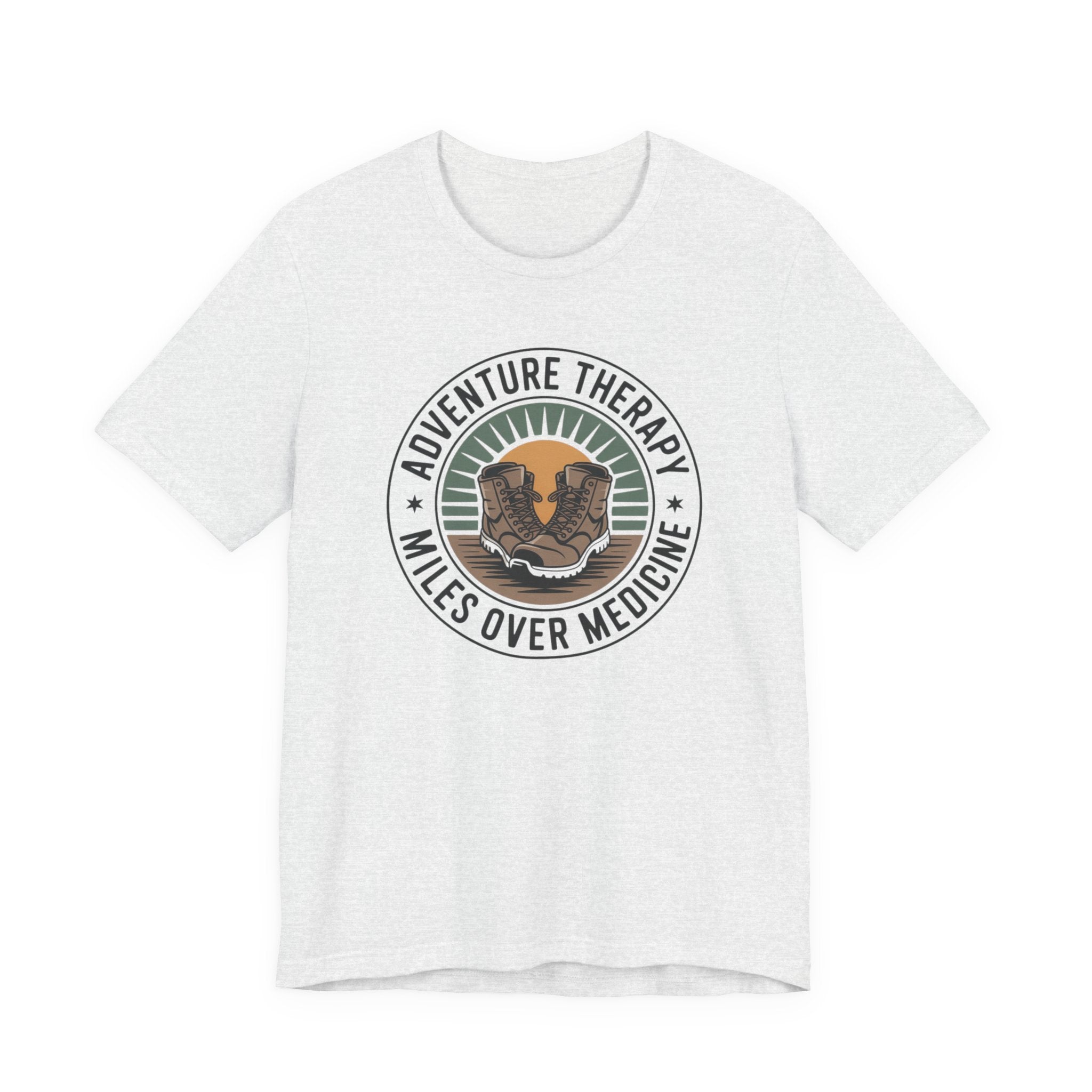 Adventure Therapy Miles Over Medicine T-Shirt | Hiking Boots Retro Badge
