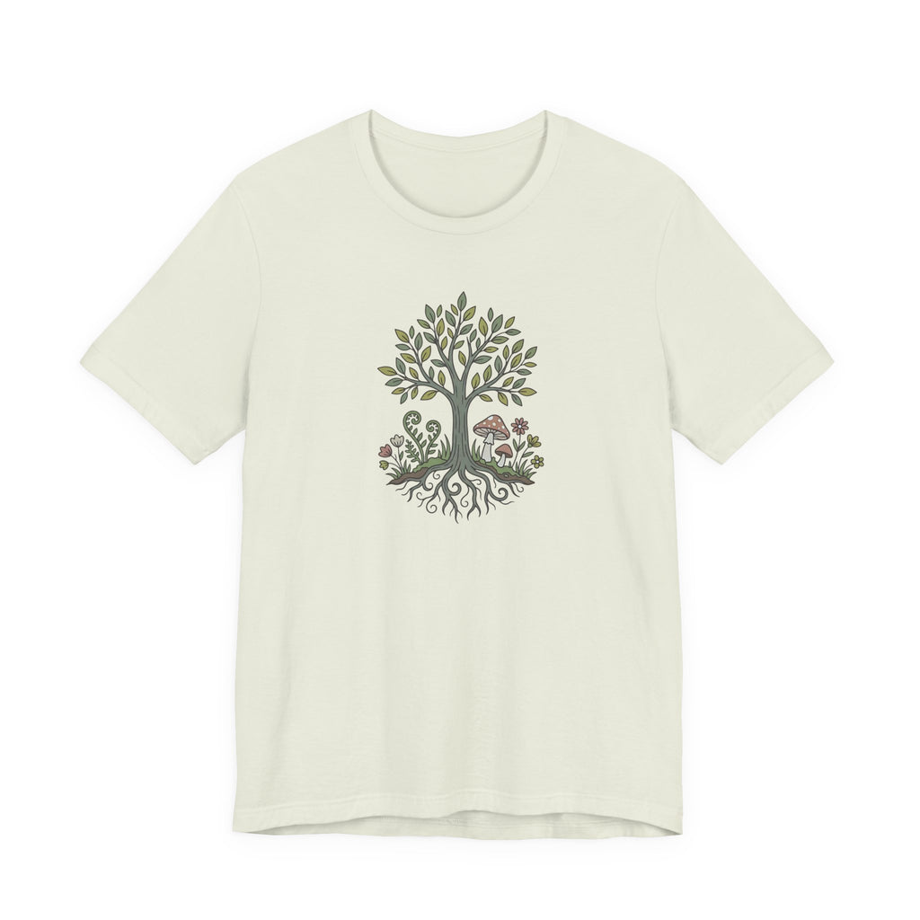 Tree and Roots T-Shirt with Mushroom Fern and Flowers | Woodland Folk Art Shirt