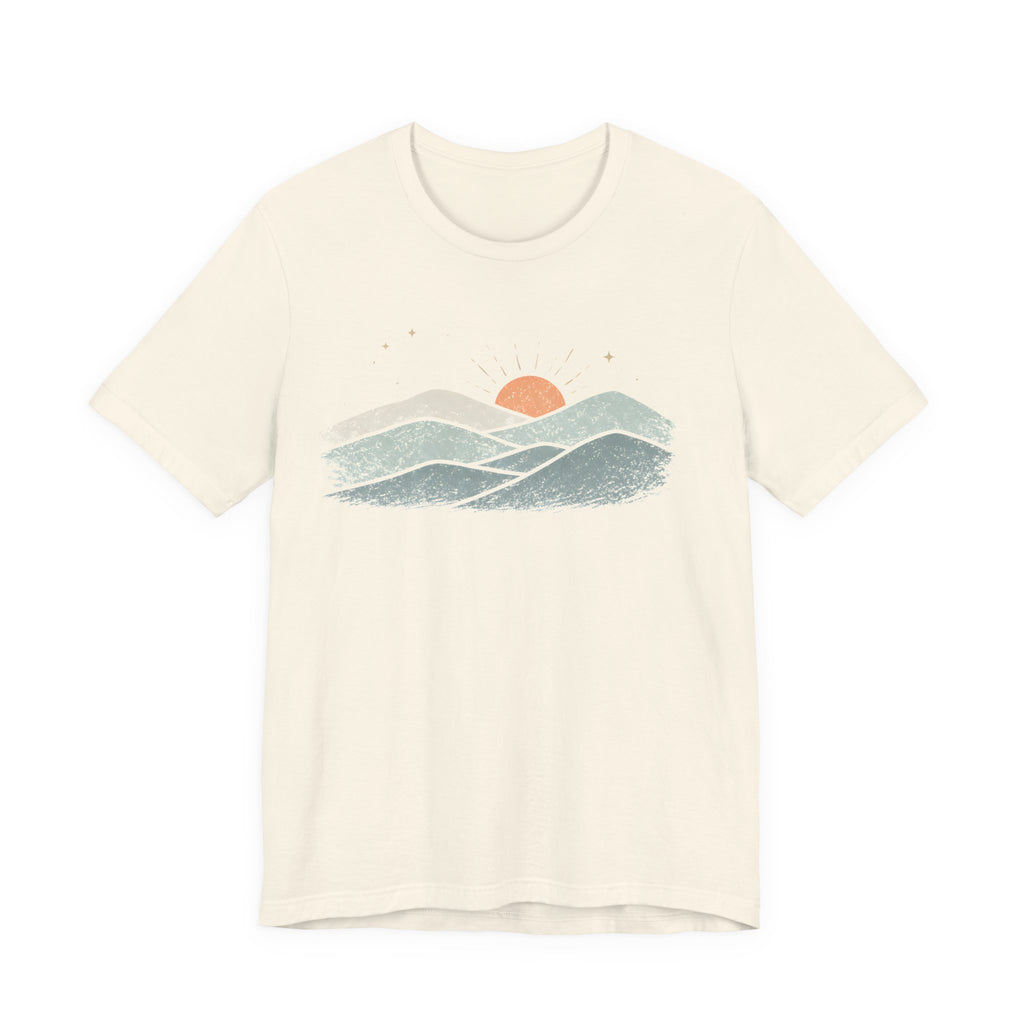 Minimal Sunrise Mountain Illustration Tee | Retro Nature Landscape Shirt