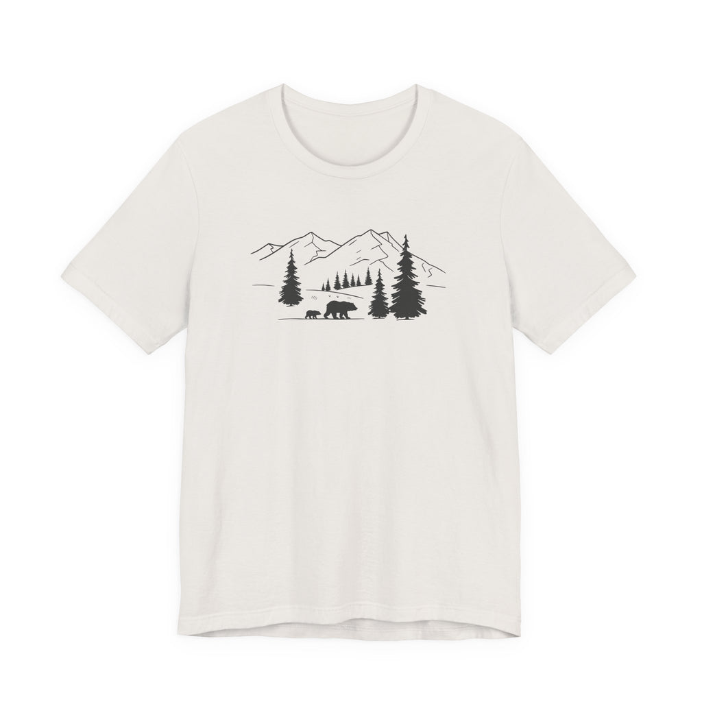 Mountain Bear Scene Tee | Minimal Forest Mountains and Bear Silhouette