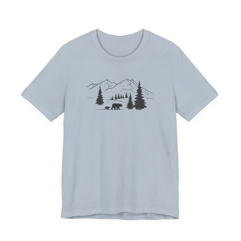 Mountain Bear Scene Tee | Minimal Forest Mountains and Bear Silhouette