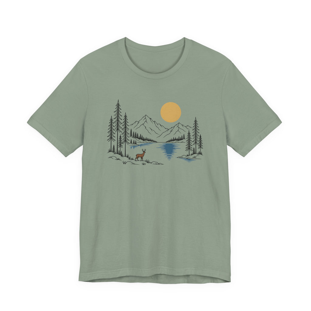 Nature Mountain Lake Tee | Scenic Deer & Pine Tree Graphic T-Shirt