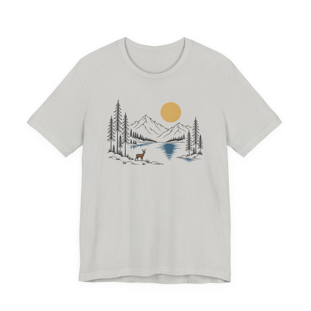 Nature Mountain Lake Tee | Scenic Deer & Pine Tree Graphic T-Shirt