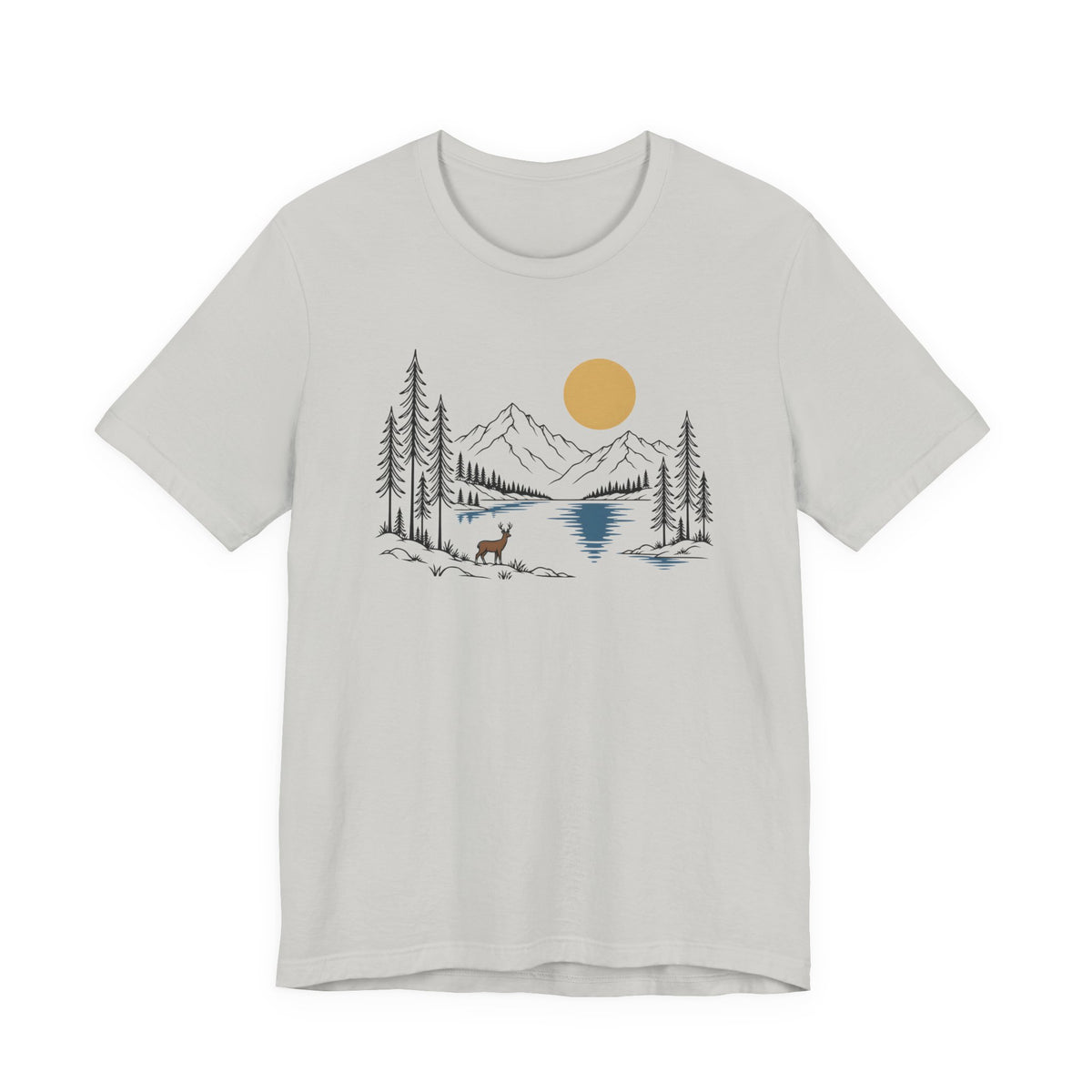 Nature Mountain Lake Tee | Scenic Deer & Pine Tree Graphic T-Shirt