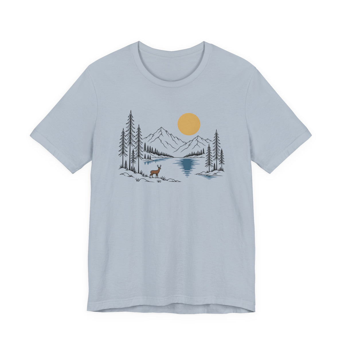 Nature Mountain Lake Tee | Scenic Deer & Pine Tree Graphic T-Shirt
