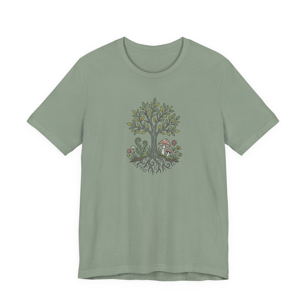 Tree and Roots T-Shirt with Mushroom Fern and Flowers | Woodland Folk Art Shirt