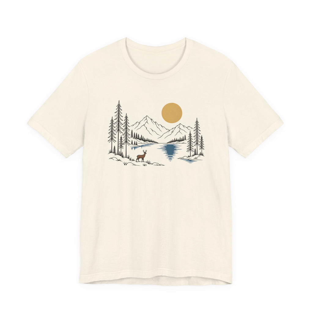 Nature Mountain Lake Tee | Scenic Deer & Pine Tree Graphic T-Shirt