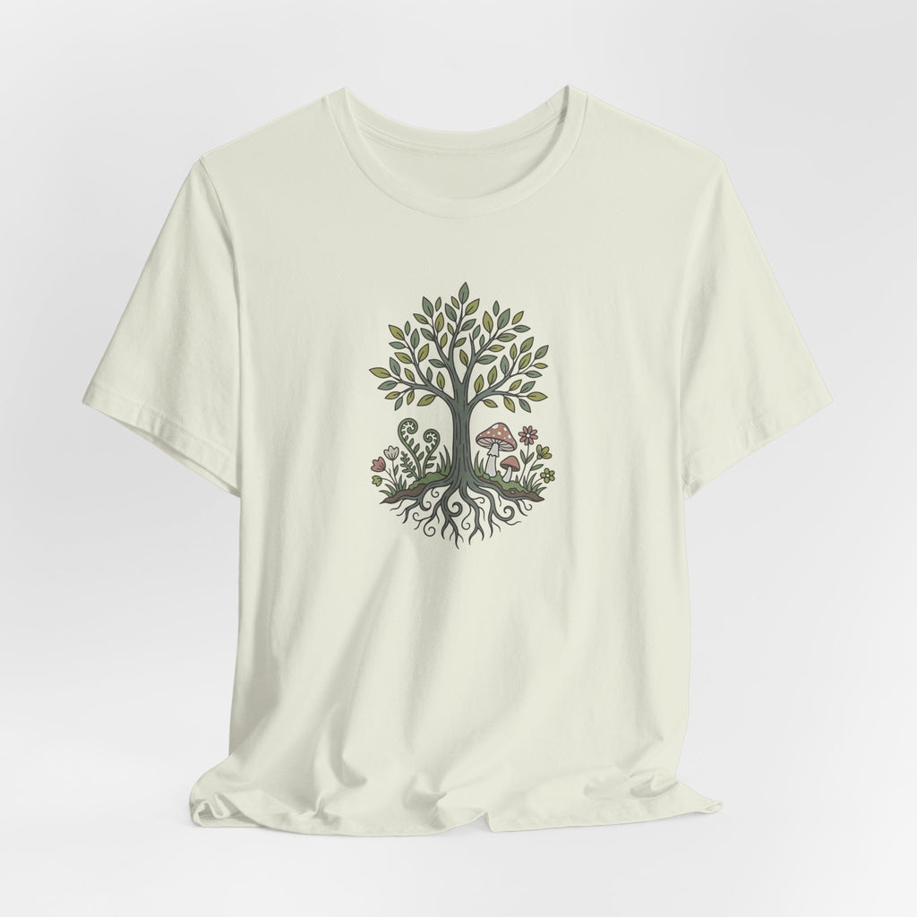 Tree and Roots T-Shirt with Mushroom Fern and Flowers | Woodland Folk Art Shirt