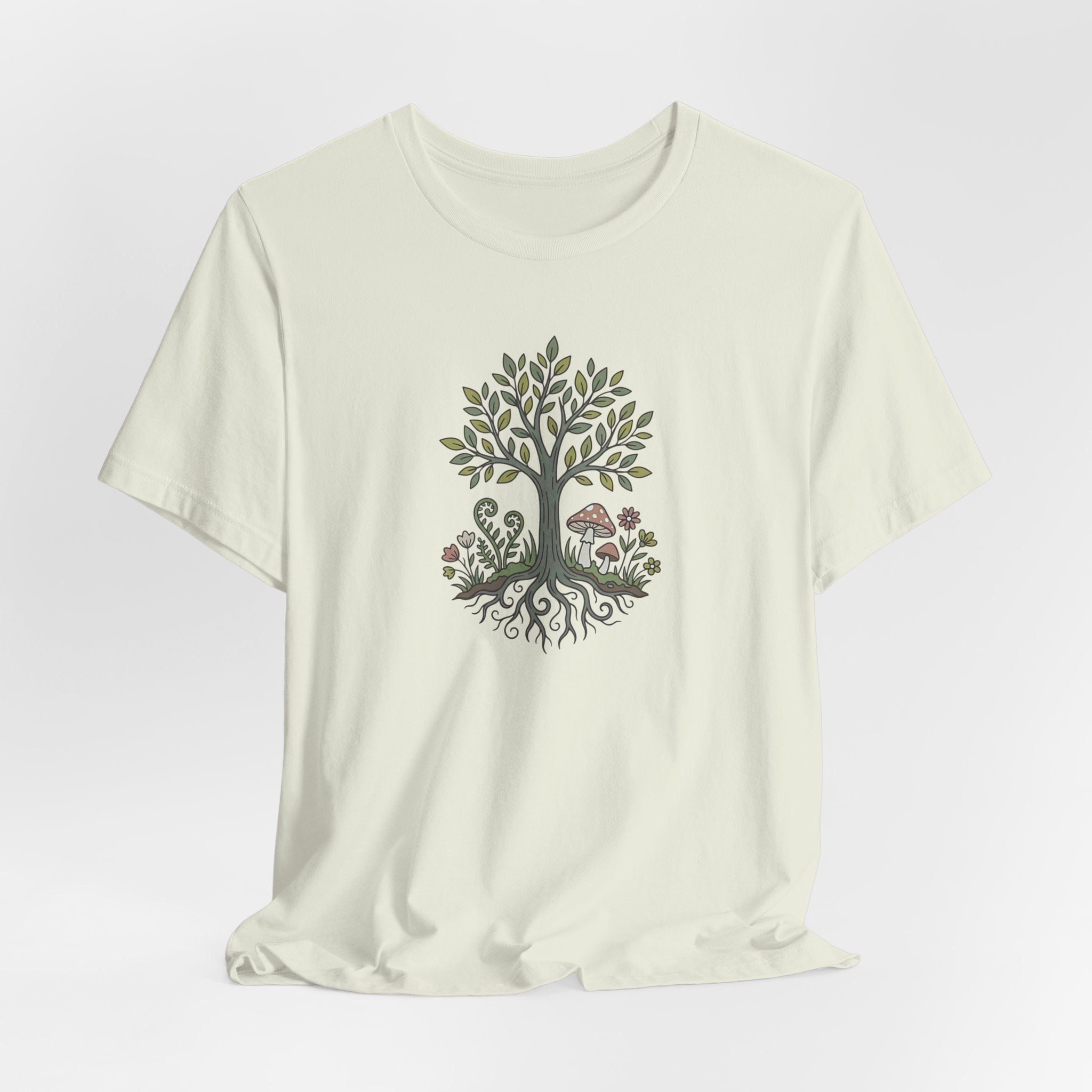 Tree and Roots T-Shirt with Mushroom Fern and Flowers | Woodland Folk Art Shirt