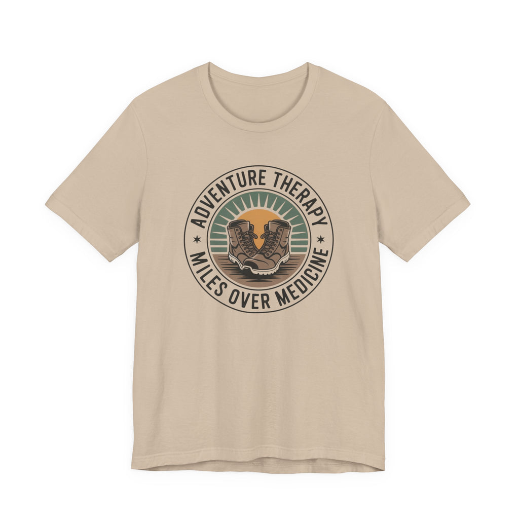 Adventure Therapy Miles Over Medicine T-Shirt | Hiking Boots Retro Badge