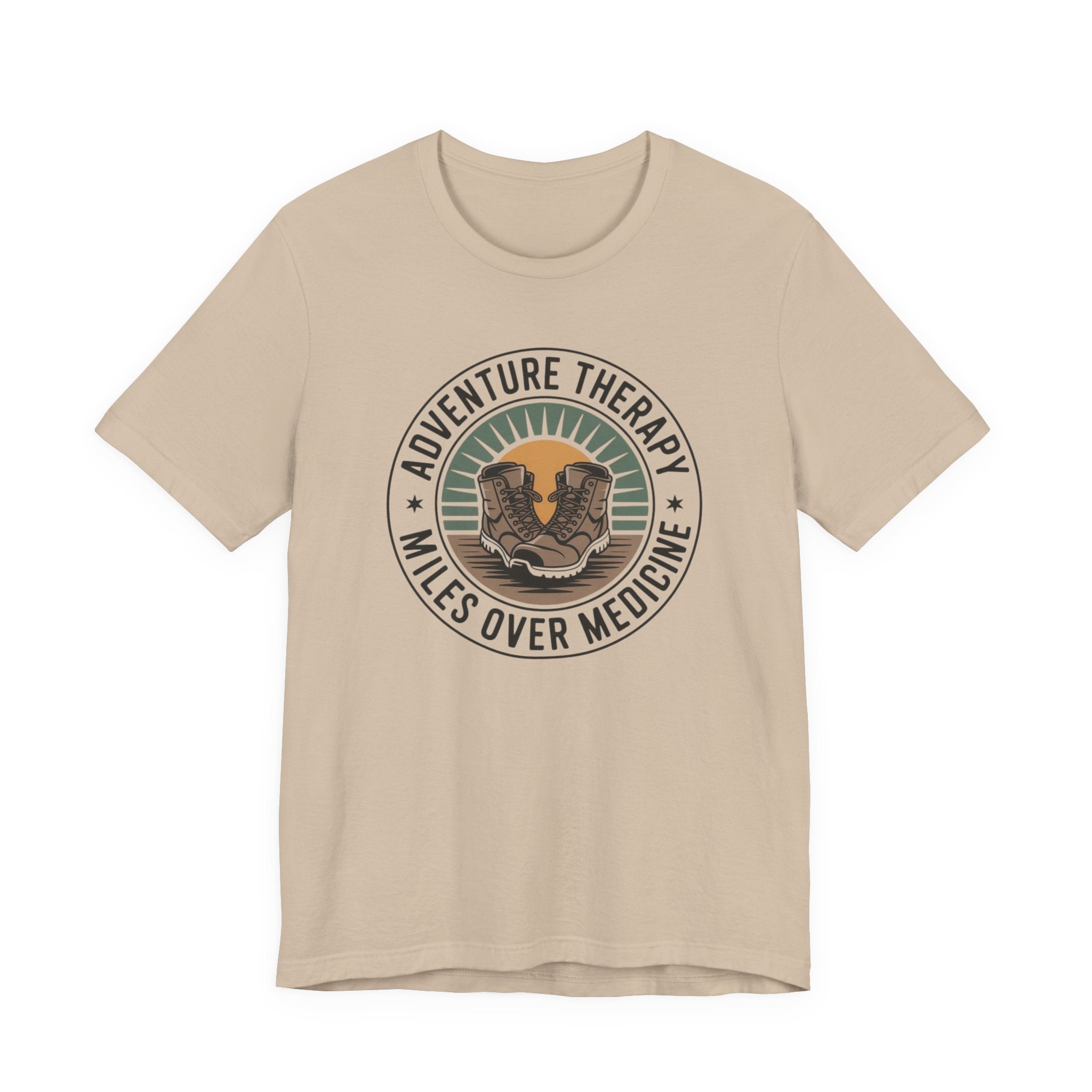 Adventure Therapy Miles Over Medicine T-Shirt | Hiking Boots Retro Badge