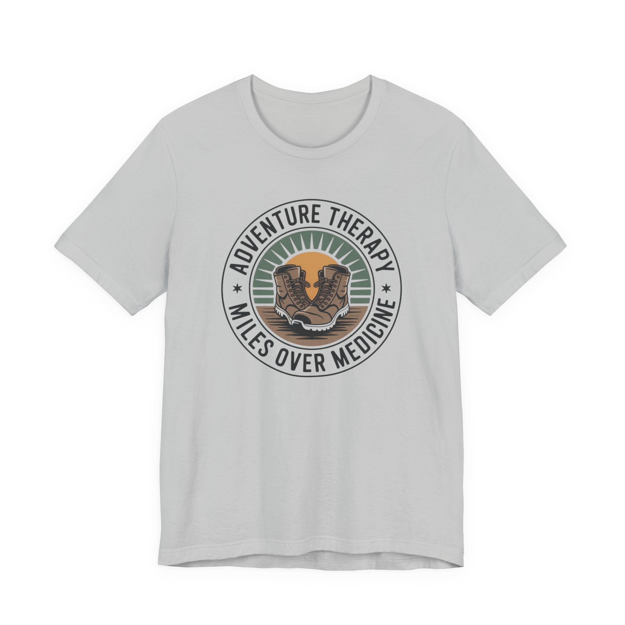 Adventure Therapy Miles Over Medicine T-Shirt | Hiking Boots Retro Badge