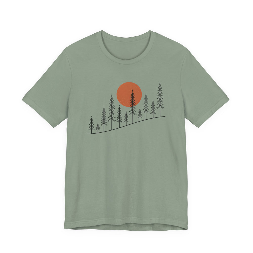 Timber Rise Sunset Tee | Minimal Pine Tree Forest Graphic T-Shirt