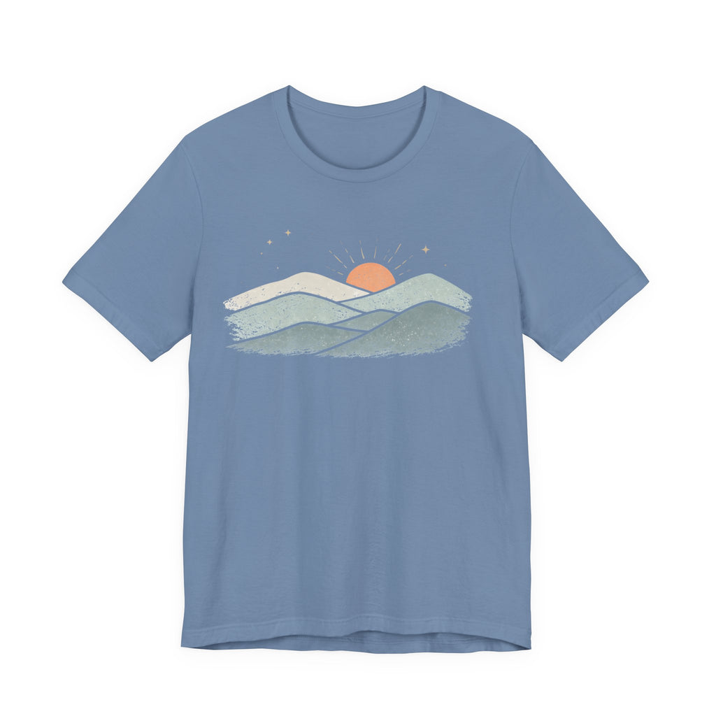Minimal Sunrise Mountain Illustration Tee | Retro Nature Landscape Shirt