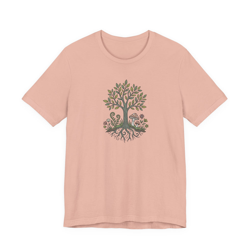 Tree and Roots T-Shirt with Mushroom Fern and Flowers | Woodland Folk Art Shirt