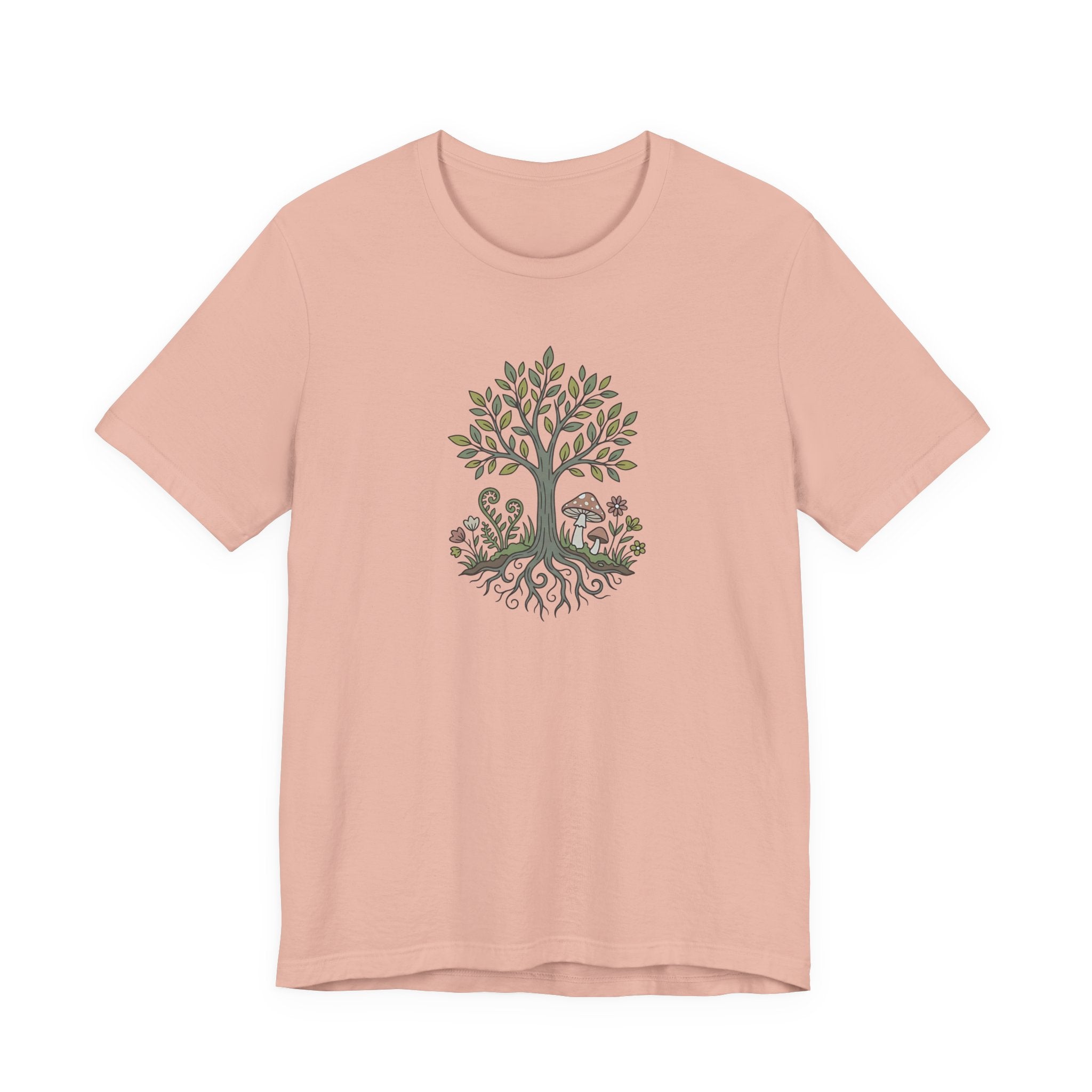 Tree and Roots T-Shirt with Mushroom Fern and Flowers | Woodland Folk Art Shirt