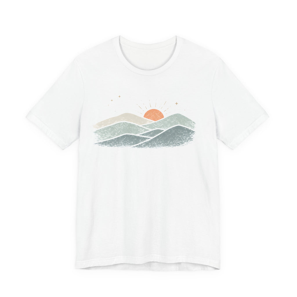 Minimal Sunrise Mountain Illustration Tee | Retro Nature Landscape Shirt