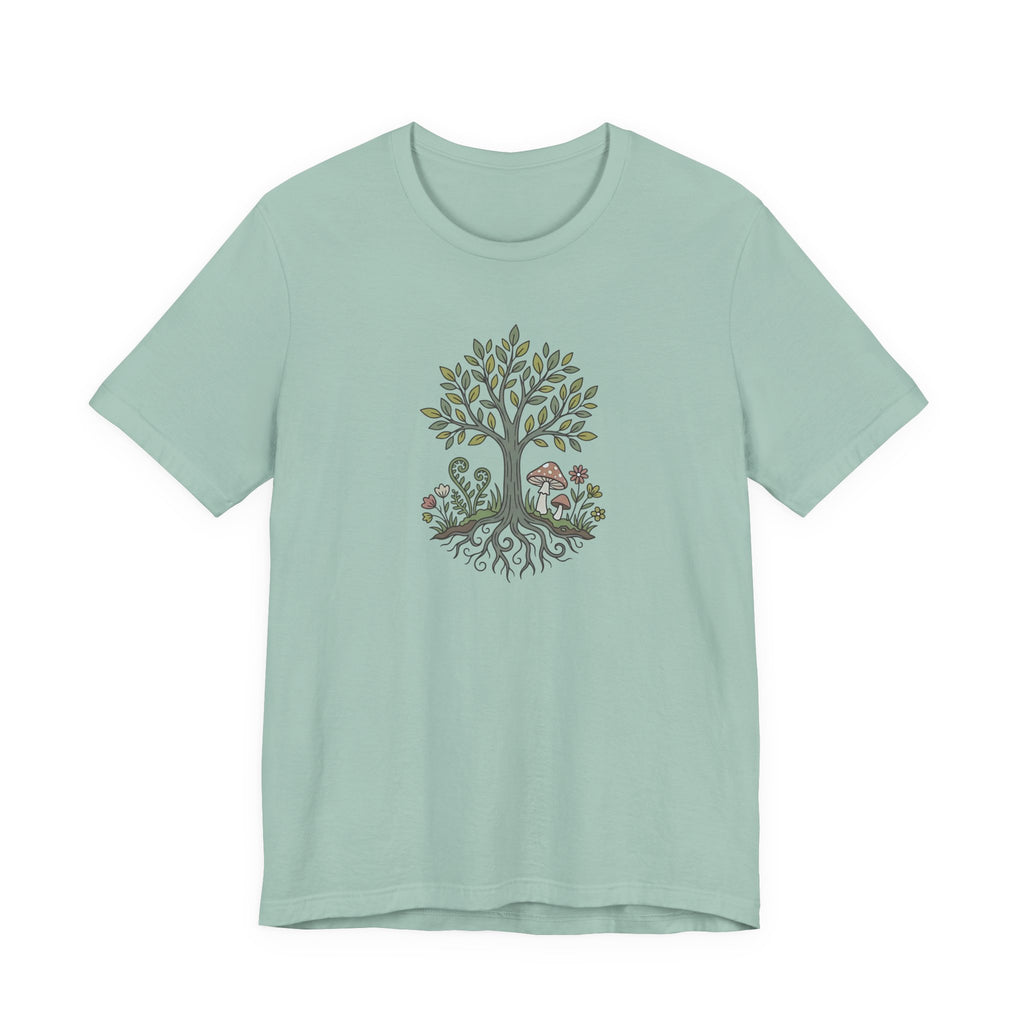 Tree and Roots T-Shirt with Mushroom Fern and Flowers | Woodland Folk Art Shirt