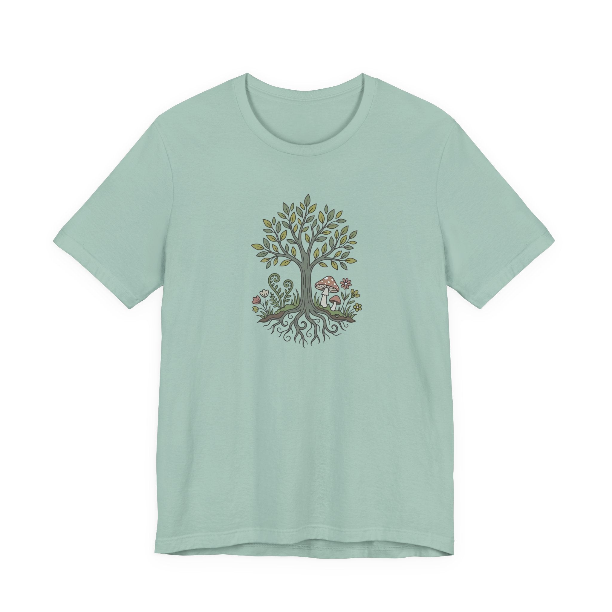 Tree and Roots T-Shirt with Mushroom Fern and Flowers | Woodland Folk Art Shirt