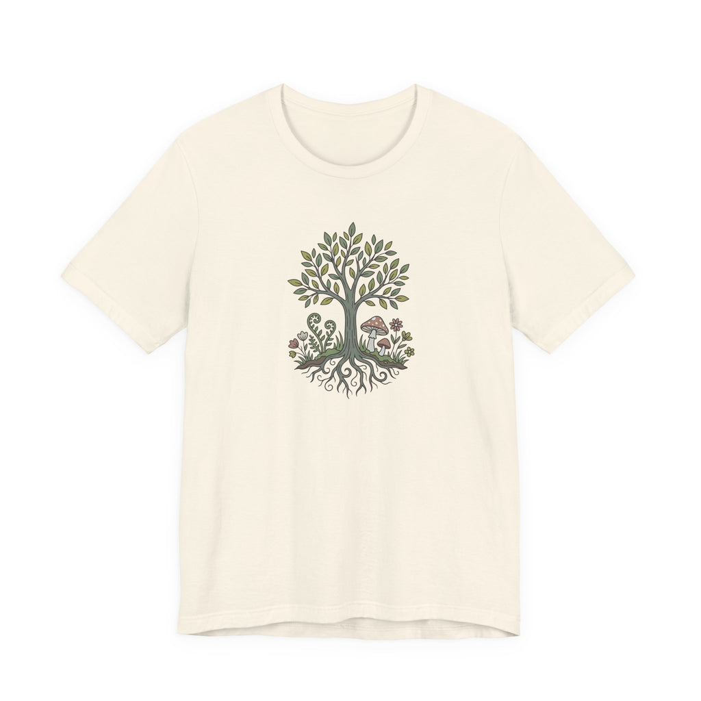 Tree and Roots T-Shirt with Mushroom Fern and Flowers | Woodland Folk Art Shirt