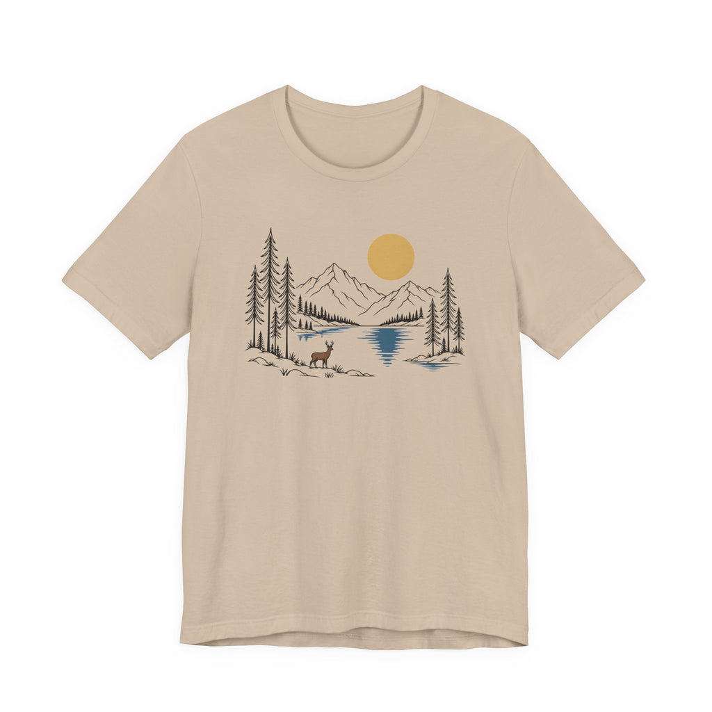 Nature Mountain Lake Tee | Scenic Deer & Pine Tree Graphic T-Shirt