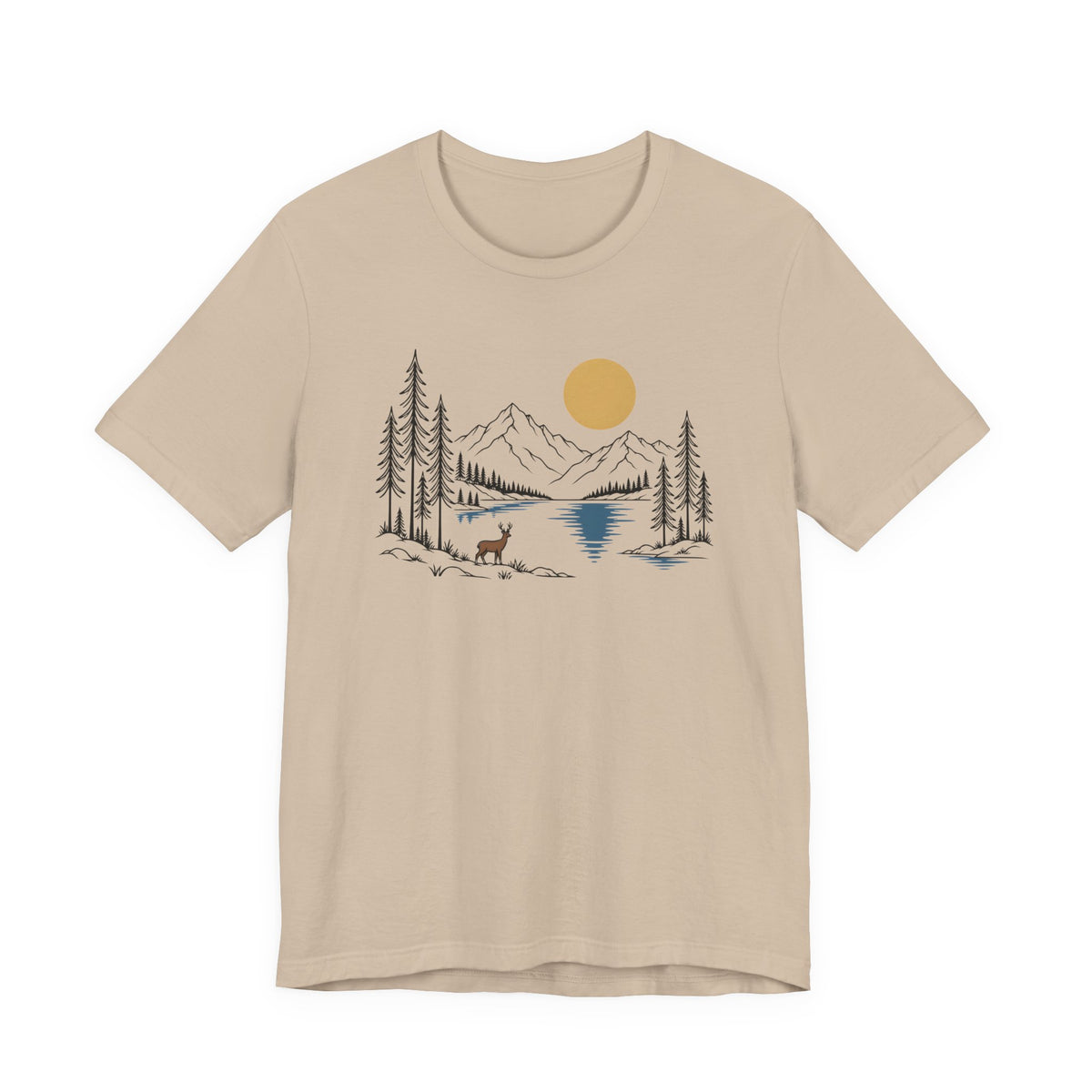 Nature Mountain Lake Tee | Scenic Deer & Pine Tree Graphic T-Shirt