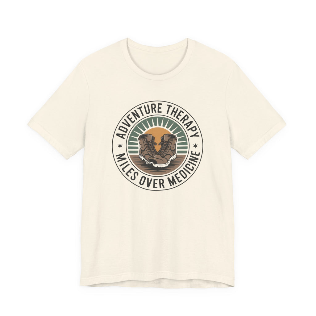 Adventure Therapy Miles Over Medicine T-Shirt | Hiking Boots Retro Badge