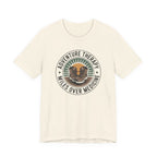 Adventure Therapy Miles Over Medicine T-Shirt | Hiking Boots Retro Badge