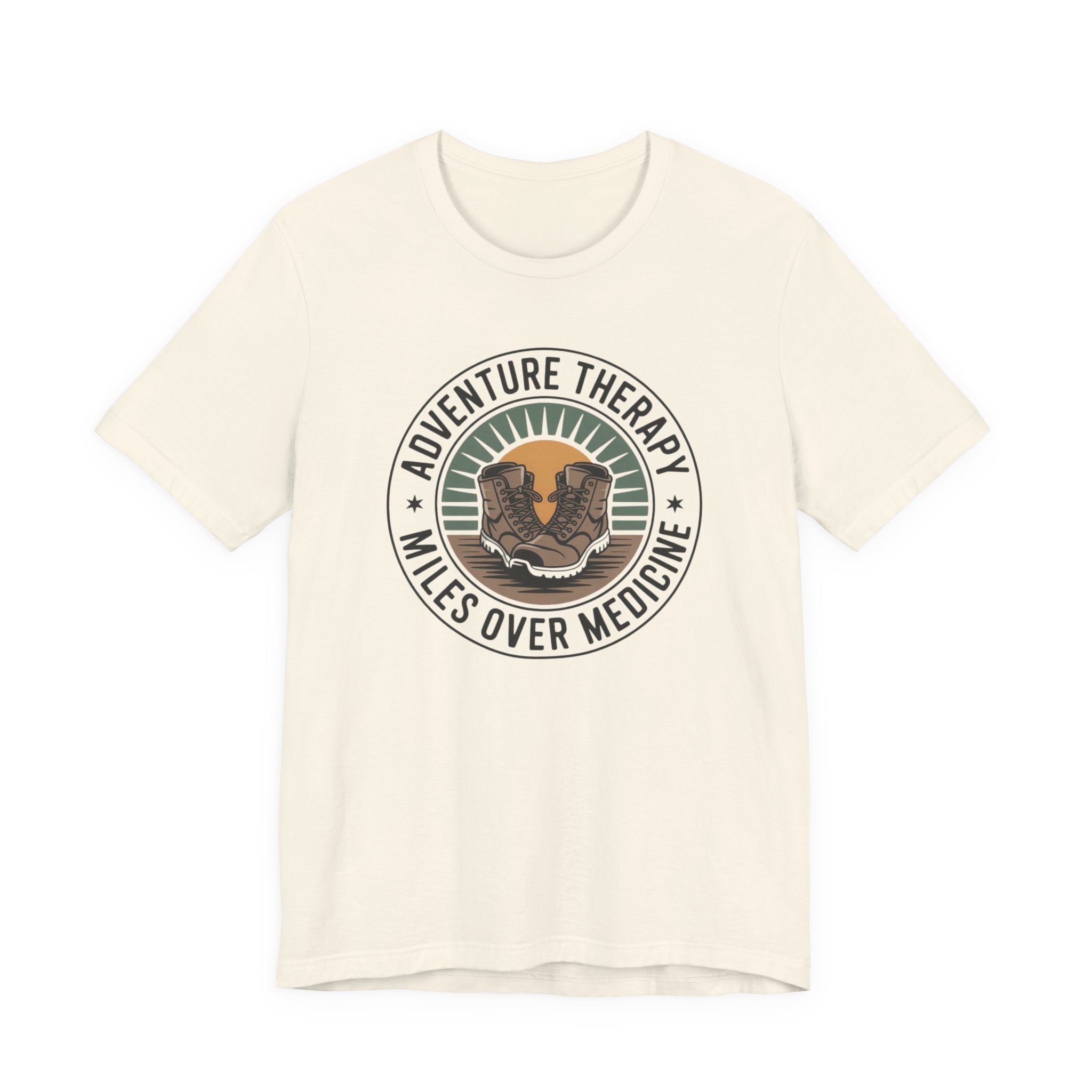Adventure Therapy Miles Over Medicine T-Shirt | Hiking Boots Retro Badge