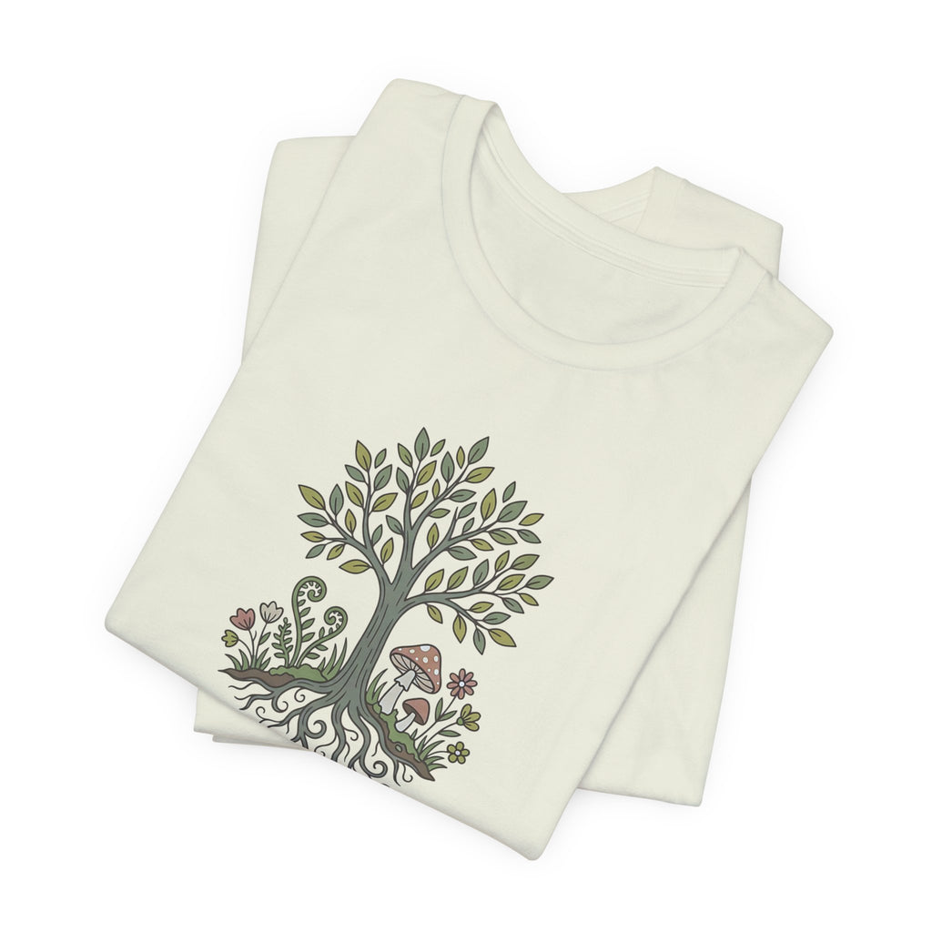 Tree and Roots T-Shirt with Mushroom Fern and Flowers | Woodland Folk Art Shirt
