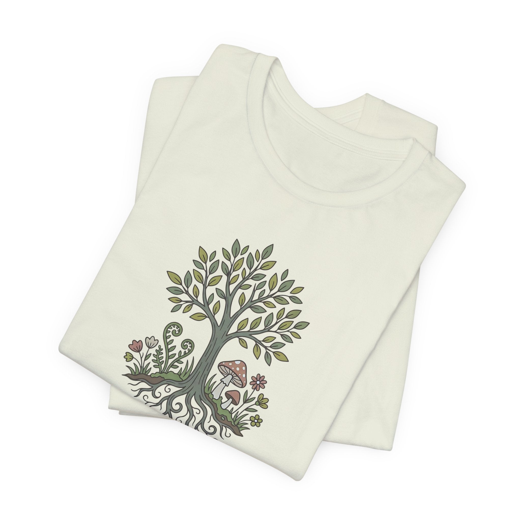 Tree and Roots T-Shirt with Mushroom Fern and Flowers | Woodland Folk Art Shirt