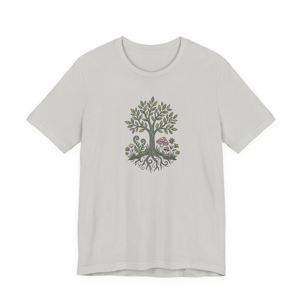Tree and Roots T-Shirt with Mushroom Fern and Flowers | Woodland Folk Art Shirt
