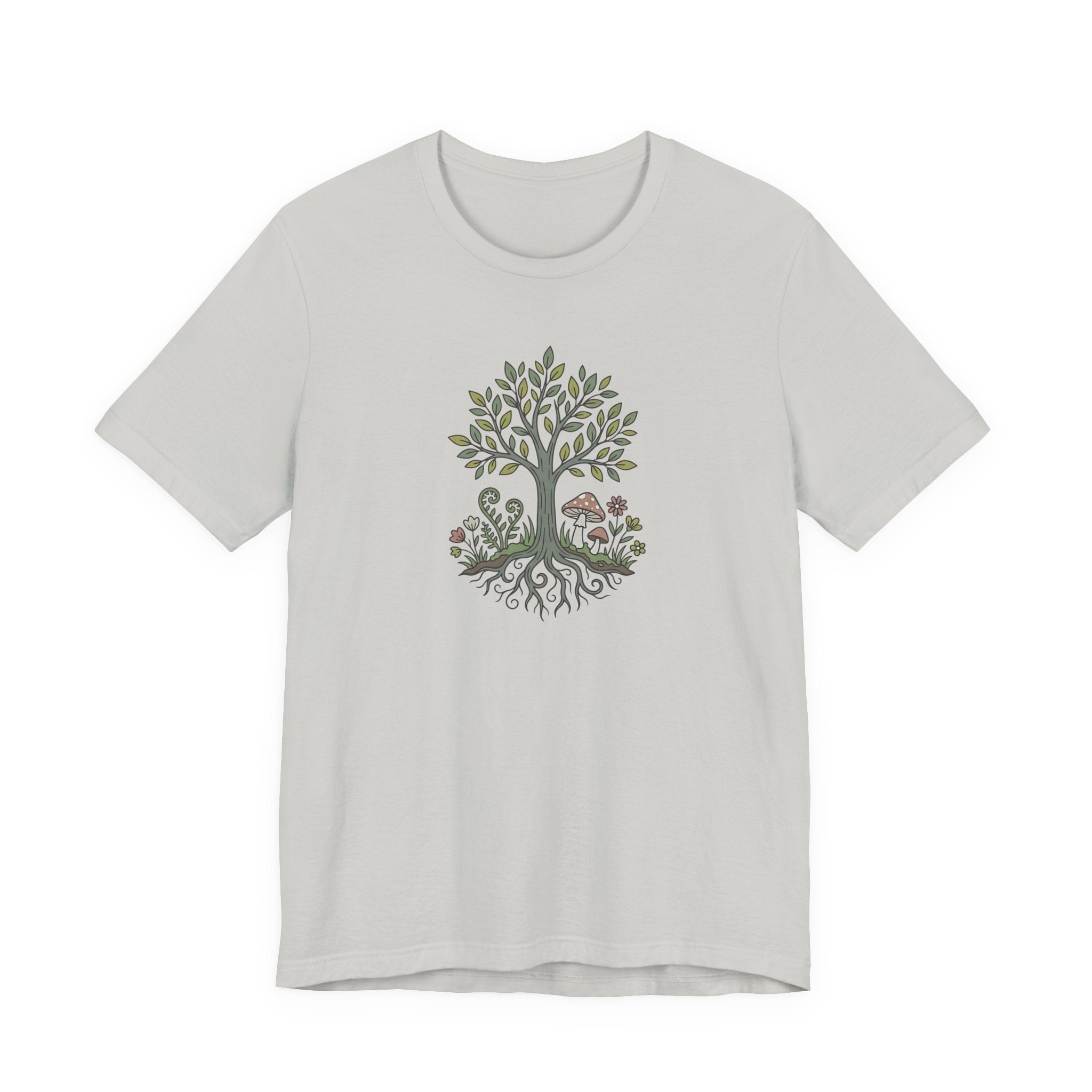 Tree and Roots T-Shirt with Mushroom Fern and Flowers | Woodland Folk Art Shirt