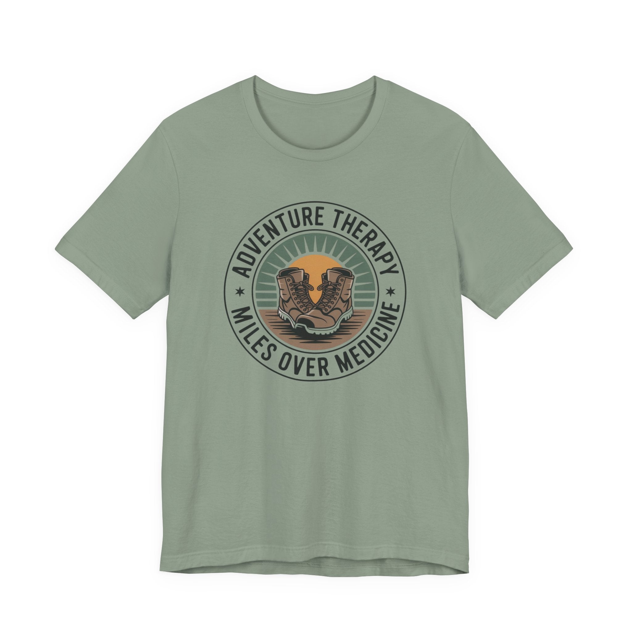 Adventure Therapy Miles Over Medicine T-Shirt | Hiking Boots Retro Badge