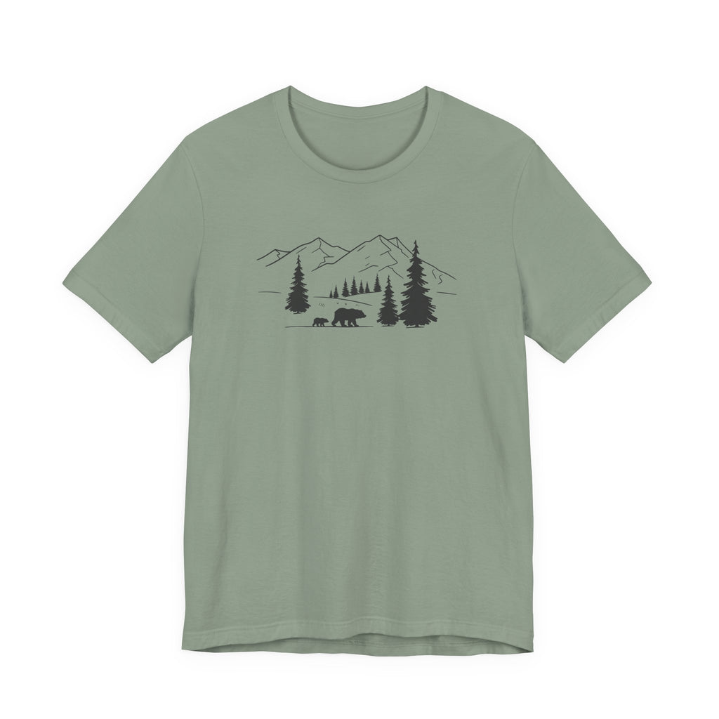 Mountain Bear Scene Tee | Minimal Forest Mountains and Bear Silhouette