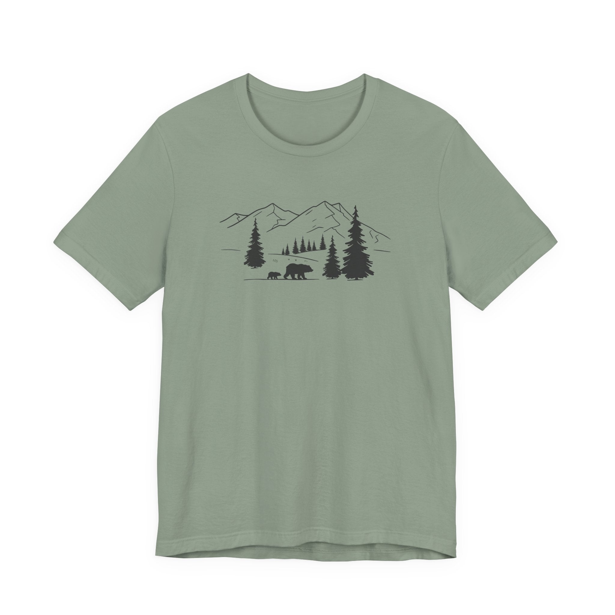 Mountain Bear Scene Tee | Minimal Forest Mountains and Bear Silhouette